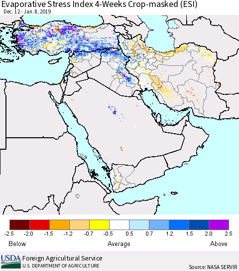 Middle East and Turkey Evaporative Stress Index (ESI), 4-Weeks over Croplands Thematic Map For 1/7/2019 - 1/13/2019