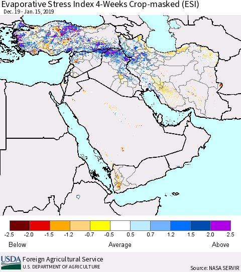 Middle East and Turkey Evaporative Stress Index (ESI), 4-Weeks over Croplands Thematic Map For 1/14/2019 - 1/20/2019
