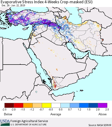 Middle East and Turkey Evaporative Stress Index (ESI), 4-Weeks over Croplands Thematic Map For 1/21/2019 - 1/27/2019