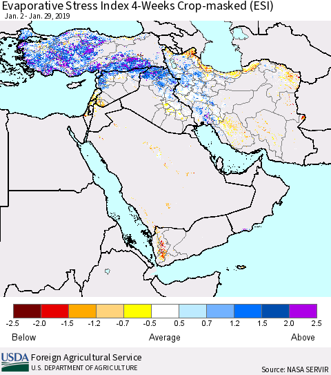 Middle East and Turkey Evaporative Stress Index (ESI), 4-Weeks over Croplands Thematic Map For 1/28/2019 - 2/3/2019