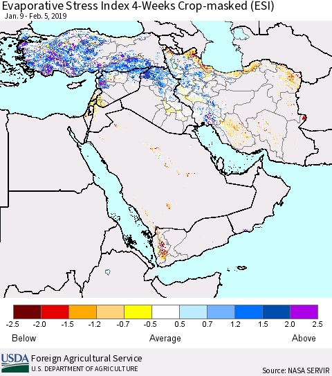 Middle East and Turkey Evaporative Stress Index (ESI), 4-Weeks over Croplands Thematic Map For 2/4/2019 - 2/10/2019