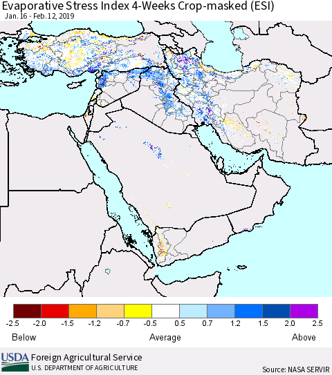 Middle East and Turkey Evaporative Stress Index (ESI), 4-Weeks over Croplands Thematic Map For 2/11/2019 - 2/17/2019