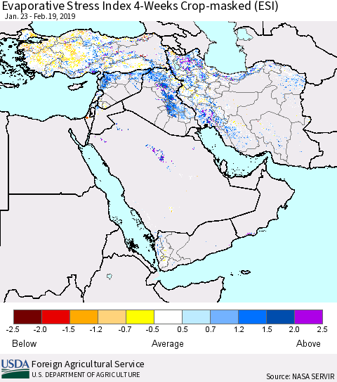 Middle East and Turkey Evaporative Stress Index (ESI), 4-Weeks over Croplands Thematic Map For 2/18/2019 - 2/24/2019
