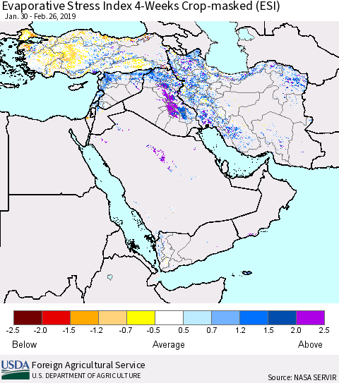 Middle East and Turkey Evaporative Stress Index (ESI), 4-Weeks over Croplands Thematic Map For 2/25/2019 - 3/3/2019