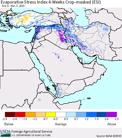 Middle East and Turkey Evaporative Stress Index (ESI), 4-Weeks over Croplands Thematic Map For 3/4/2019 - 3/10/2019