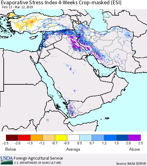 Middle East and Turkey Evaporative Stress Index (ESI), 4-Weeks over Croplands Thematic Map For 3/11/2019 - 3/17/2019