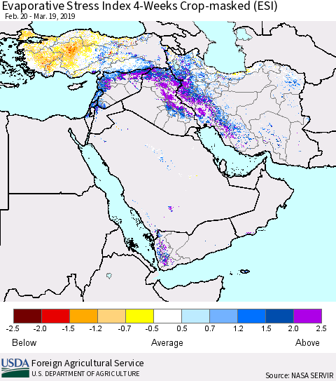 Middle East and Turkey Evaporative Stress Index (ESI), 4-Weeks over Croplands Thematic Map For 3/18/2019 - 3/24/2019