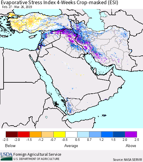 Middle East and Turkey Evaporative Stress Index (ESI), 4-Weeks over Croplands Thematic Map For 3/25/2019 - 3/31/2019