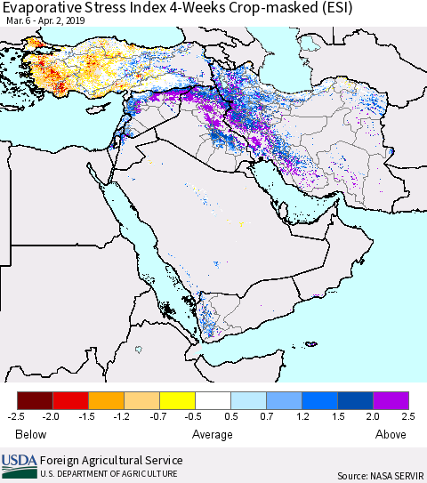 Middle East and Turkey Evaporative Stress Index (ESI), 4-Weeks over Croplands Thematic Map For 4/1/2019 - 4/7/2019