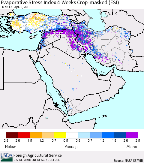 Middle East and Turkey Evaporative Stress Index (ESI), 4-Weeks over Croplands Thematic Map For 4/8/2019 - 4/14/2019