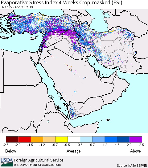 Middle East and Turkey Evaporative Stress Index (ESI), 4-Weeks over Croplands Thematic Map For 4/22/2019 - 4/28/2019