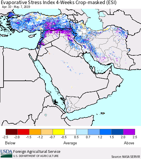 Middle East and Turkey Evaporative Stress Index (ESI), 4-Weeks over Croplands Thematic Map For 5/6/2019 - 5/12/2019