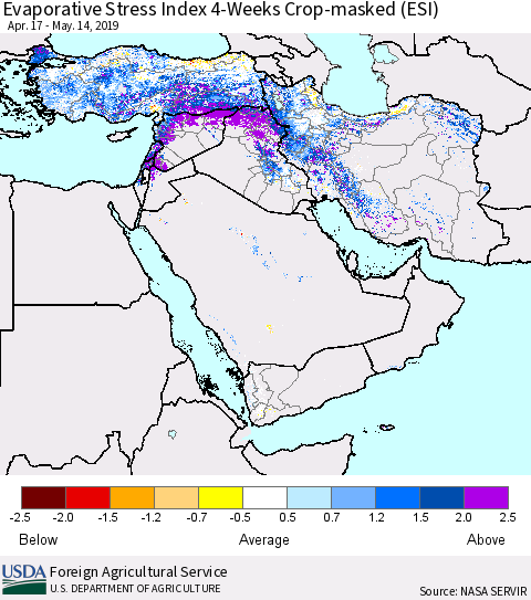 Middle East and Turkey Evaporative Stress Index (ESI), 4-Weeks over Croplands Thematic Map For 5/13/2019 - 5/19/2019