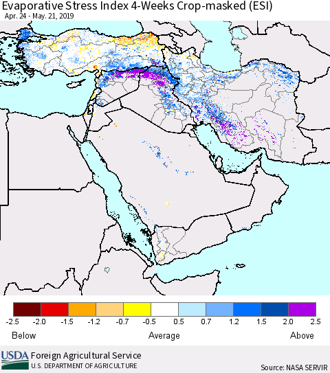 Middle East and Turkey Evaporative Stress Index (ESI), 4-Weeks over Croplands Thematic Map For 5/20/2019 - 5/26/2019