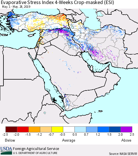 Middle East and Turkey Evaporative Stress Index (ESI), 4-Weeks over Croplands Thematic Map For 5/27/2019 - 6/2/2019