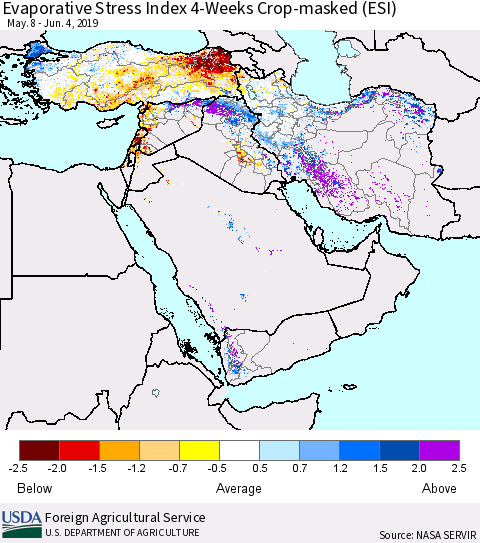 Middle East and Turkey Evaporative Stress Index (ESI), 4-Weeks over Croplands Thematic Map For 6/3/2019 - 6/9/2019