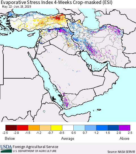 Middle East and Turkey Evaporative Stress Index (ESI), 4-Weeks over Croplands Thematic Map For 6/17/2019 - 6/23/2019