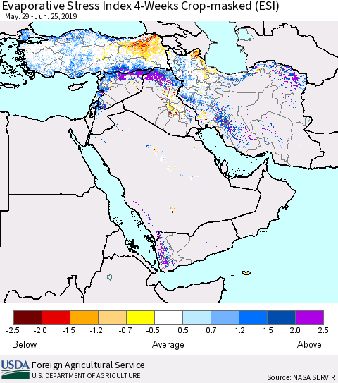 Middle East and Turkey Evaporative Stress Index (ESI), 4-Weeks over Croplands Thematic Map For 6/24/2019 - 6/30/2019