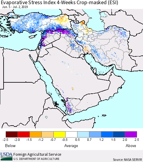 Middle East and Turkey Evaporative Stress Index (ESI), 4-Weeks over Croplands Thematic Map For 7/1/2019 - 7/7/2019
