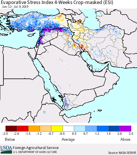 Middle East and Turkey Evaporative Stress Index (ESI), 4-Weeks over Croplands Thematic Map For 7/8/2019 - 7/14/2019