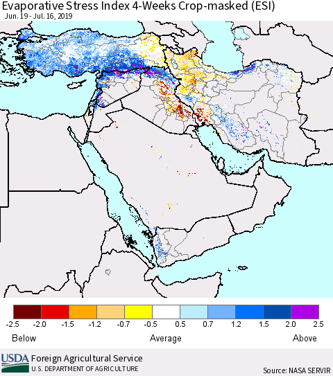 Middle East and Turkey Evaporative Stress Index (ESI), 4-Weeks over Croplands Thematic Map For 7/15/2019 - 7/21/2019