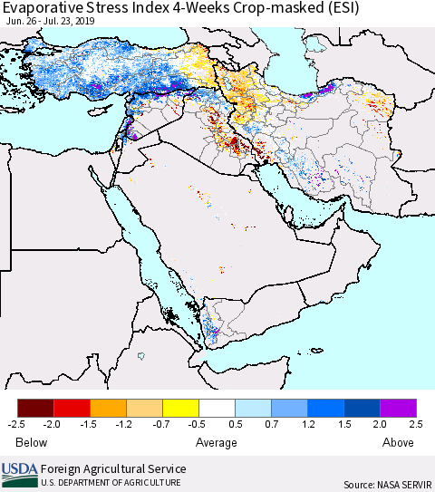 Middle East and Turkey Evaporative Stress Index (ESI), 4-Weeks over Croplands Thematic Map For 7/22/2019 - 7/28/2019