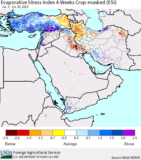 Middle East and Turkey Evaporative Stress Index (ESI), 4-Weeks over Croplands Thematic Map For 7/29/2019 - 8/4/2019