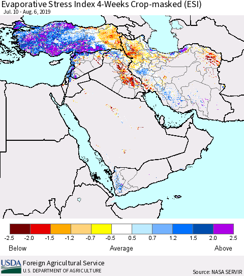 Middle East and Turkey Evaporative Stress Index (ESI), 4-Weeks over Croplands Thematic Map For 8/5/2019 - 8/11/2019