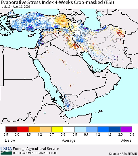 Middle East and Turkey Evaporative Stress Index (ESI), 4-Weeks over Croplands Thematic Map For 8/12/2019 - 8/18/2019