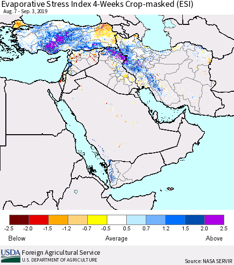 Middle East and Turkey Evaporative Stress Index (ESI), 4-Weeks over Croplands Thematic Map For 9/2/2019 - 9/8/2019