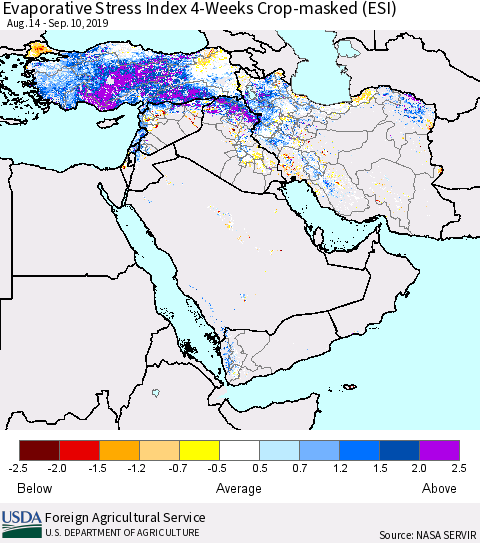 Middle East and Turkey Evaporative Stress Index (ESI), 4-Weeks over Croplands Thematic Map For 9/9/2019 - 9/15/2019