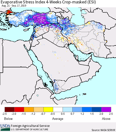 Middle East and Turkey Evaporative Stress Index (ESI), 4-Weeks over Croplands Thematic Map For 9/16/2019 - 9/22/2019