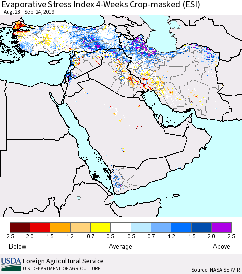 Middle East and Turkey Evaporative Stress Index (ESI), 4-Weeks over Croplands Thematic Map For 9/23/2019 - 9/29/2019