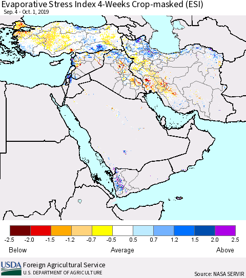 Middle East and Turkey Evaporative Stress Index (ESI), 4-Weeks over Croplands Thematic Map For 9/30/2019 - 10/6/2019