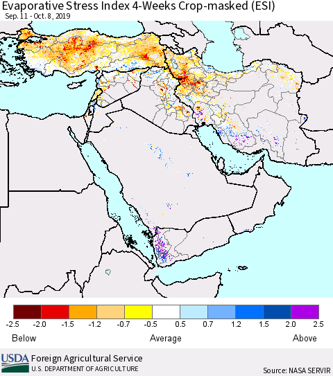 Middle East and Turkey Evaporative Stress Index (ESI), 4-Weeks over Croplands Thematic Map For 10/7/2019 - 10/13/2019