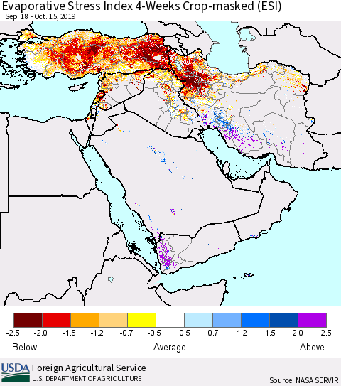 Middle East and Turkey Evaporative Stress Index (ESI), 4-Weeks over Croplands Thematic Map For 10/14/2019 - 10/20/2019