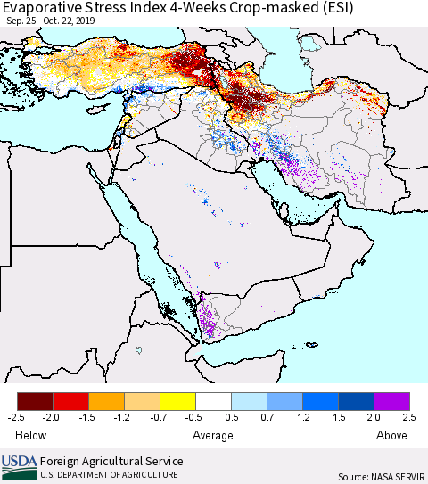 Middle East and Turkey Evaporative Stress Index (ESI), 4-Weeks over Croplands Thematic Map For 10/21/2019 - 10/27/2019