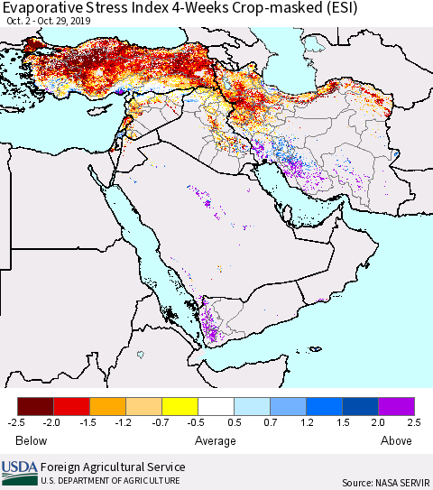Middle East and Turkey Evaporative Stress Index (ESI), 4-Weeks over Croplands Thematic Map For 10/28/2019 - 11/3/2019