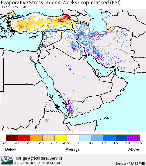 Middle East and Turkey Evaporative Stress Index (ESI), 4-Weeks over Croplands Thematic Map For 11/4/2019 - 11/10/2019
