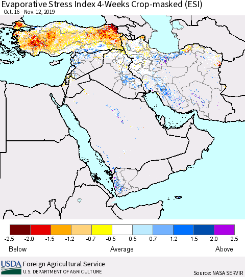 Middle East and Turkey Evaporative Stress Index (ESI), 4-Weeks over Croplands Thematic Map For 11/11/2019 - 11/17/2019