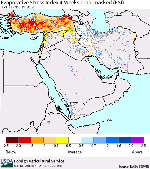 Middle East and Turkey Evaporative Stress Index (ESI), 4-Weeks over Croplands Thematic Map For 11/18/2019 - 11/24/2019