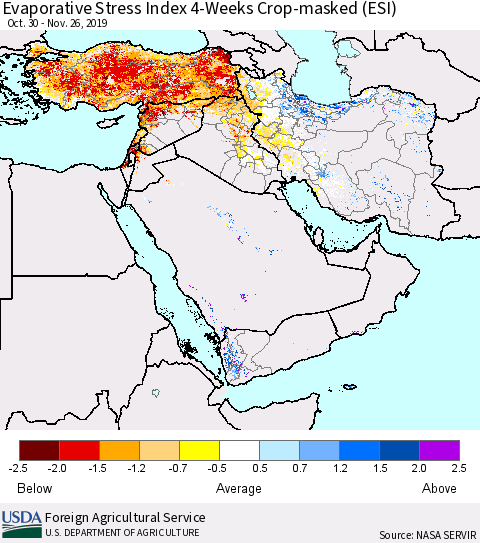 Middle East and Turkey Evaporative Stress Index (ESI), 4-Weeks over Croplands Thematic Map For 11/25/2019 - 12/1/2019