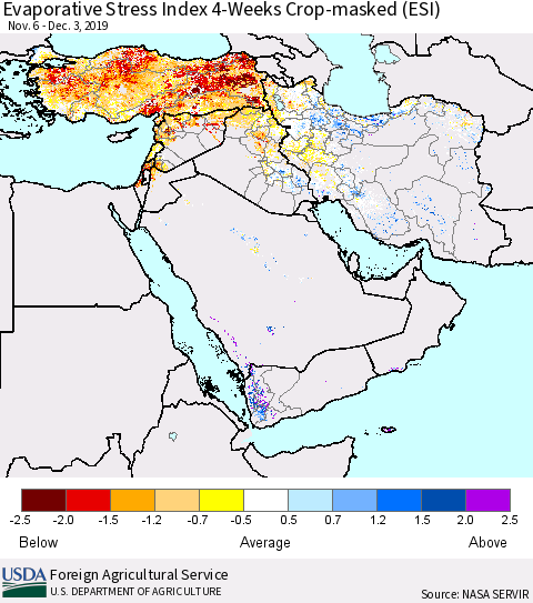 Middle East and Turkey Evaporative Stress Index (ESI), 4-Weeks over Croplands Thematic Map For 12/2/2019 - 12/8/2019