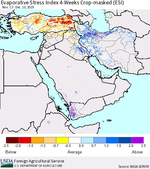Middle East and Turkey Evaporative Stress Index (ESI), 4-Weeks over Croplands Thematic Map For 12/9/2019 - 12/15/2019