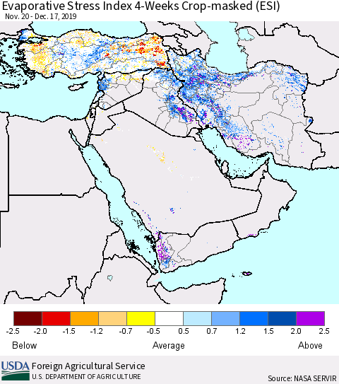 Middle East and Turkey Evaporative Stress Index (ESI), 4-Weeks over Croplands Thematic Map For 12/16/2019 - 12/22/2019