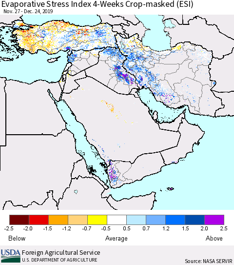 Middle East and Turkey Evaporative Stress Index (ESI), 4-Weeks over Croplands Thematic Map For 12/23/2019 - 12/29/2019