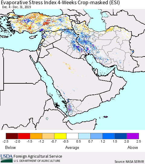 Middle East and Turkey Evaporative Stress Index (ESI), 4-Weeks over Croplands Thematic Map For 12/30/2019 - 1/5/2020