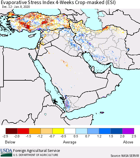 Middle East and Turkey Evaporative Stress Index (ESI), 4-Weeks over Croplands Thematic Map For 1/6/2020 - 1/12/2020