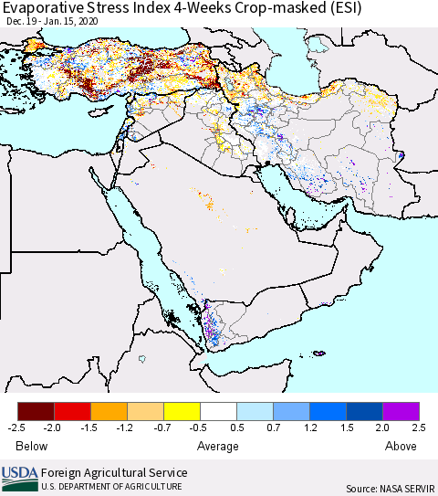 Middle East and Turkey Evaporative Stress Index (ESI), 4-Weeks over Croplands Thematic Map For 1/13/2020 - 1/19/2020