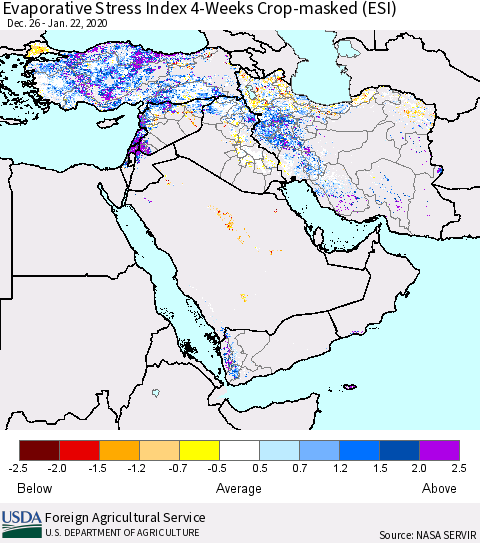 Middle East and Turkey Evaporative Stress Index (ESI), 4-Weeks over Croplands Thematic Map For 1/20/2020 - 1/26/2020